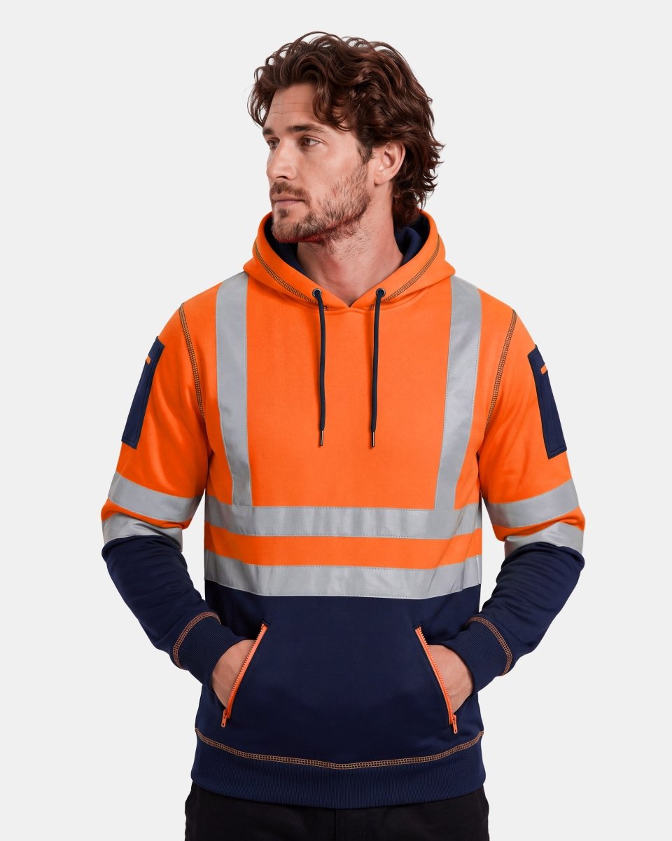 Hi-Vis Workwear Pullover Hoodie | Neon Orange & Navy with Reflective Tape – NOROZE