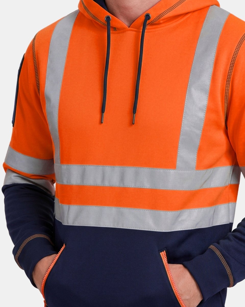 Hi-Vis Workwear Pullover Hoodie | Neon Orange & Navy with Reflective Tape – NOROZE