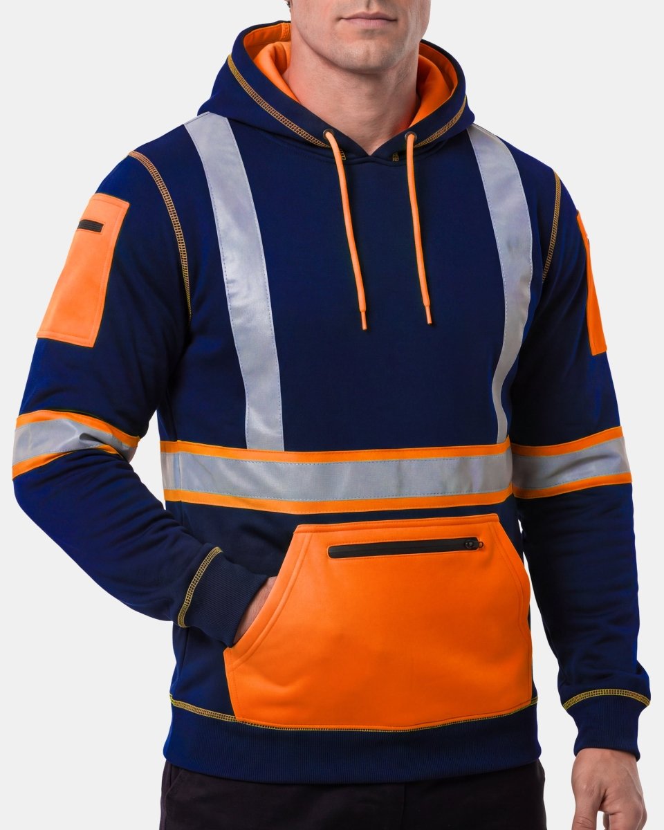 Hi-Vis Workwear Pullover Hoodie | Neon Orange & Navy with Reflective Tape – NOROZE