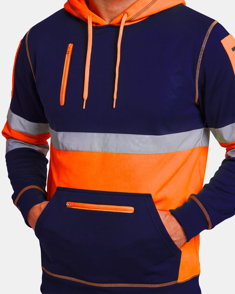 Hi-Vis Workwear Pullover Hoodie | Neon Orange & Navy with Reflective Tape – NOROZE