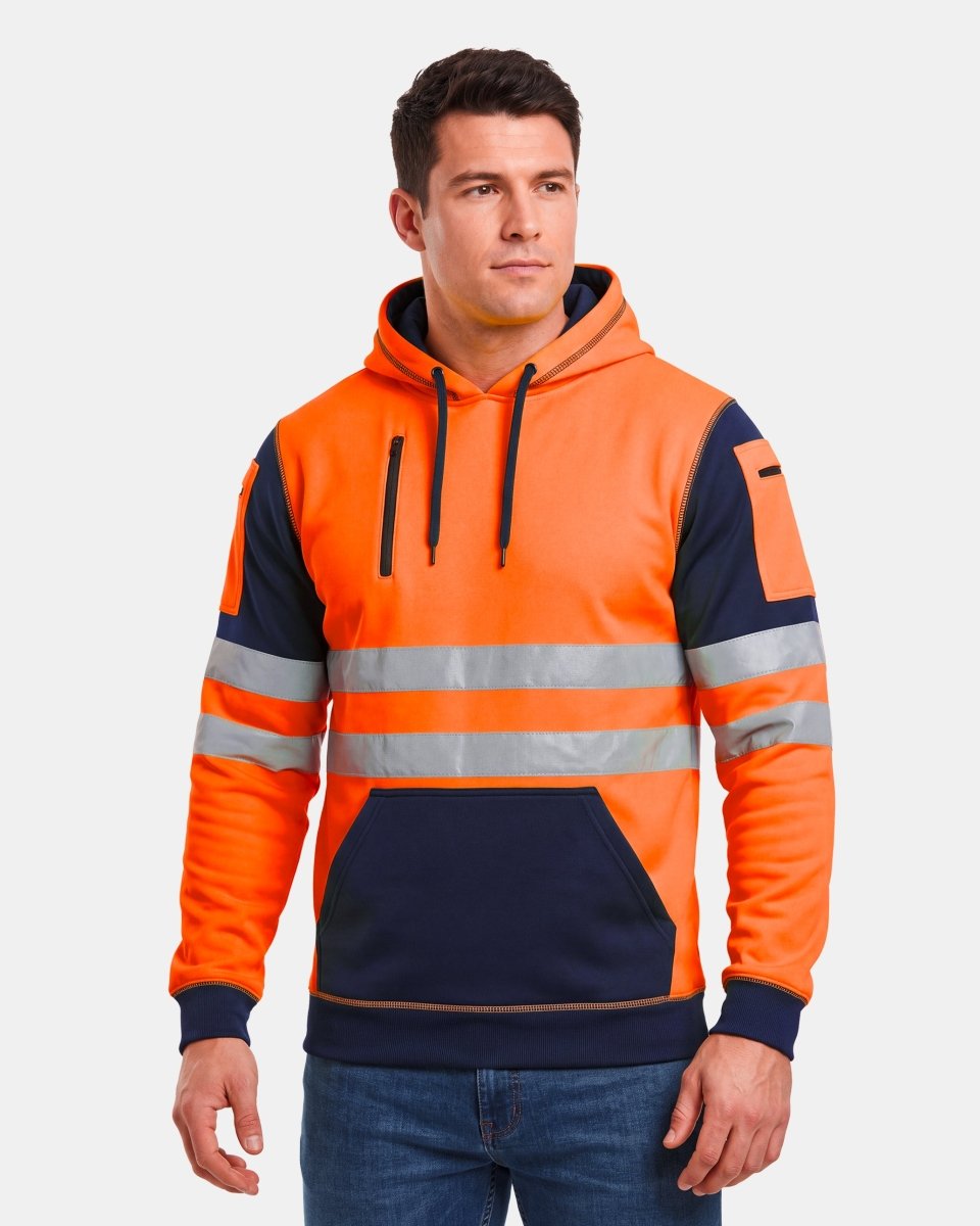 Hi-Vis Workwear Pullover Hoodie | Neon Orange & Navy with Reflective Tape – NOROZE