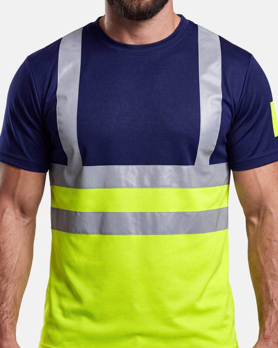 Hi-Vis Workwear T-Shirt | Neon Green & Navy with Reflective Stripe – NOROZE