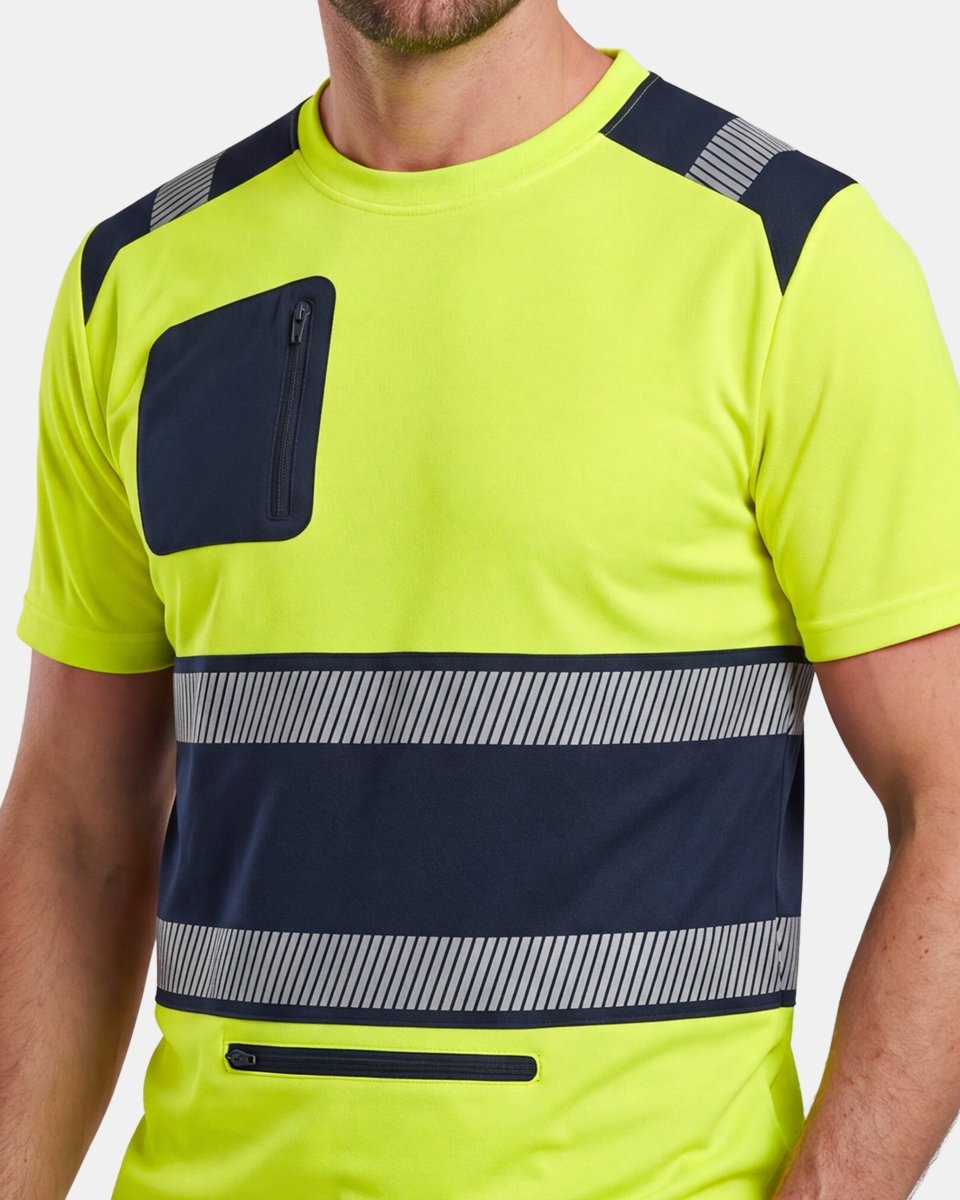 Hi-Vis Workwear T-Shirt | Neon Green & Navy with Reflective Stripe – NOROZE