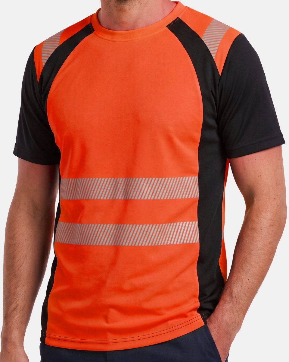 Hi-Vis Workwear T-Shirt | Neon Orange & Black with Reflective Stripe – NOROZE