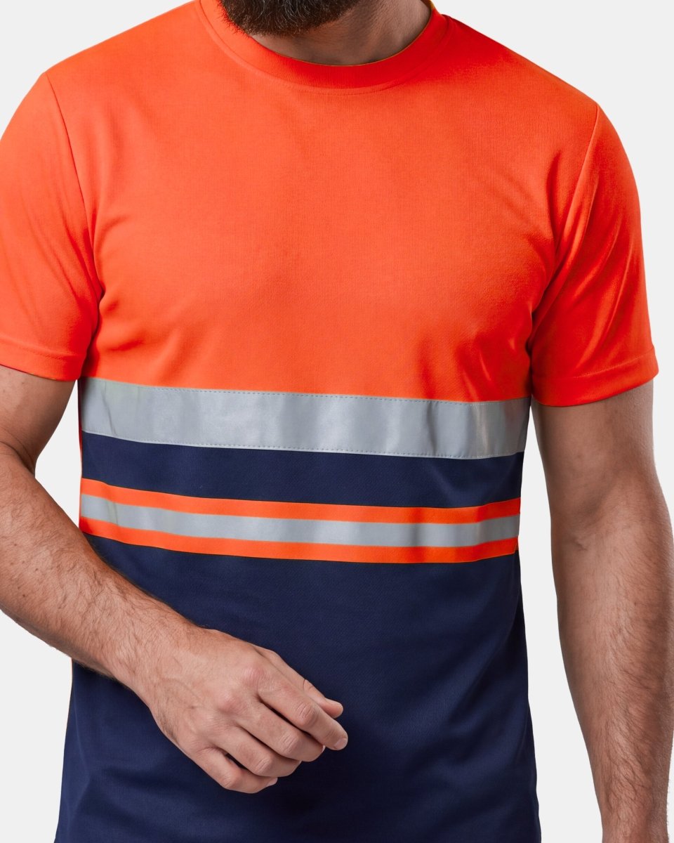 Hi-Vis Workwear T-Shirt | Neon Orange & Navy with Reflective Stripe – NOROZE