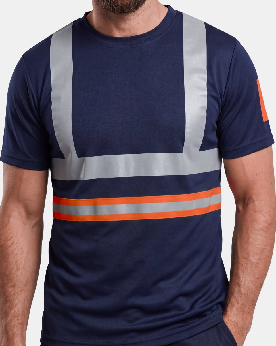 Hi-Vis Workwear T-Shirt | Neon Orange & Navy with Reflective Stripe – NOROZE