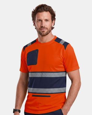Hi-Vis Workwear T-Shirt | Neon Orange & Navy with Reflective Stripe – NOROZE