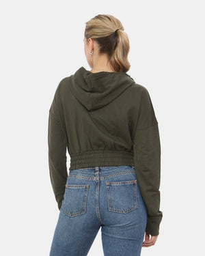 Khaki Ladies Zip - Crop Hoodie