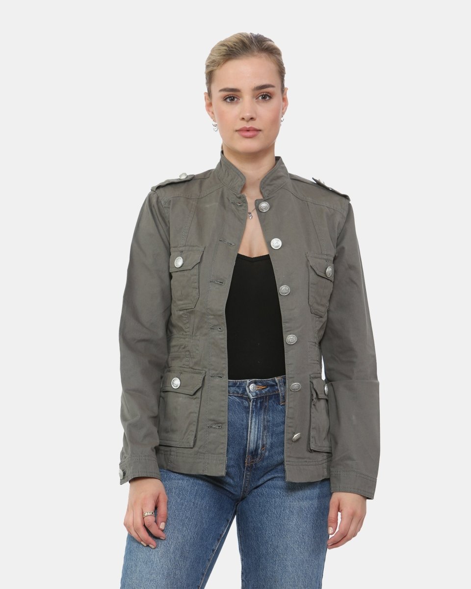 Khaki Military Style Summer Jacket Silver Button Noroze Khaki Military Style Summer Jacket Silver Button Noroze
