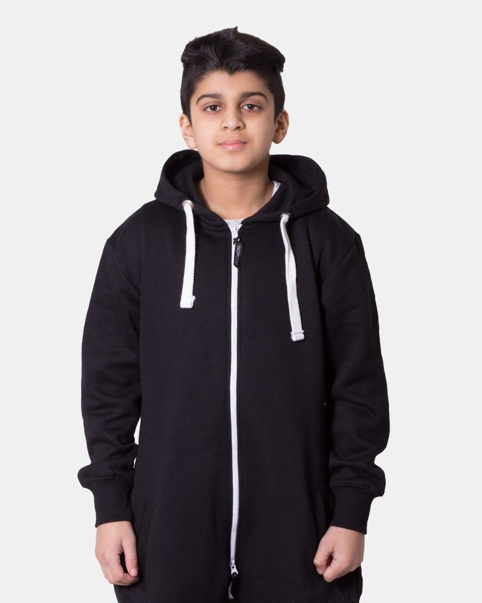 Kids Black Cozy Fleece Hooded Onesie – Unisex
