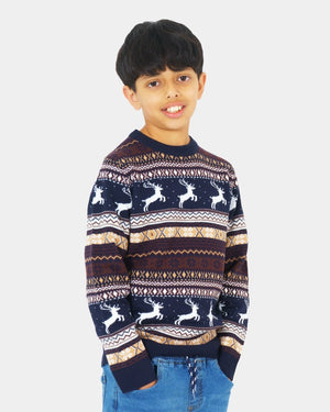 Kids Christmas Festive Knit Fly Reindeer Navy Jumper
