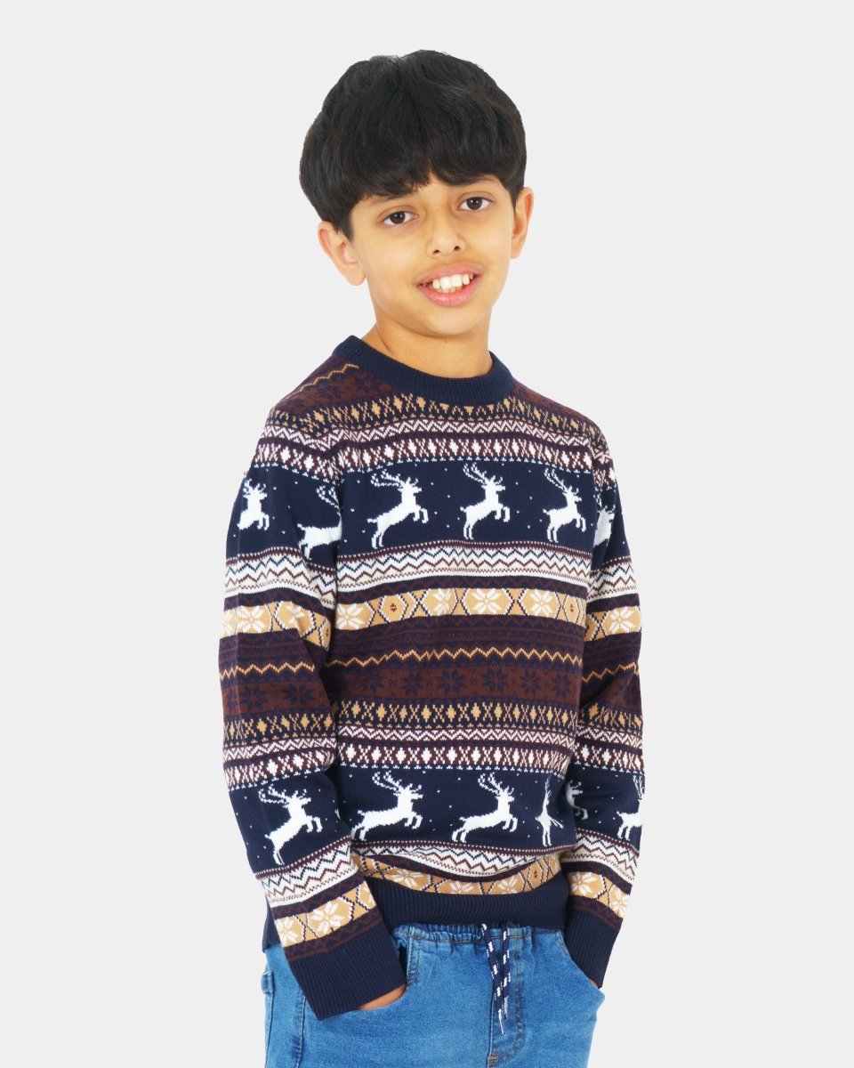 Kids Christmas Festive Knit Fly Reindeer Navy Jumper