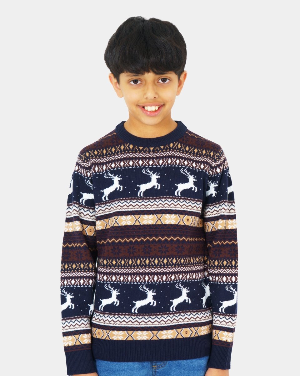Kids Christmas Festive Knit Fly Reindeer Navy Jumper