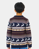 Kids Christmas Festive Knit Fly Reindeer Navy Jumper