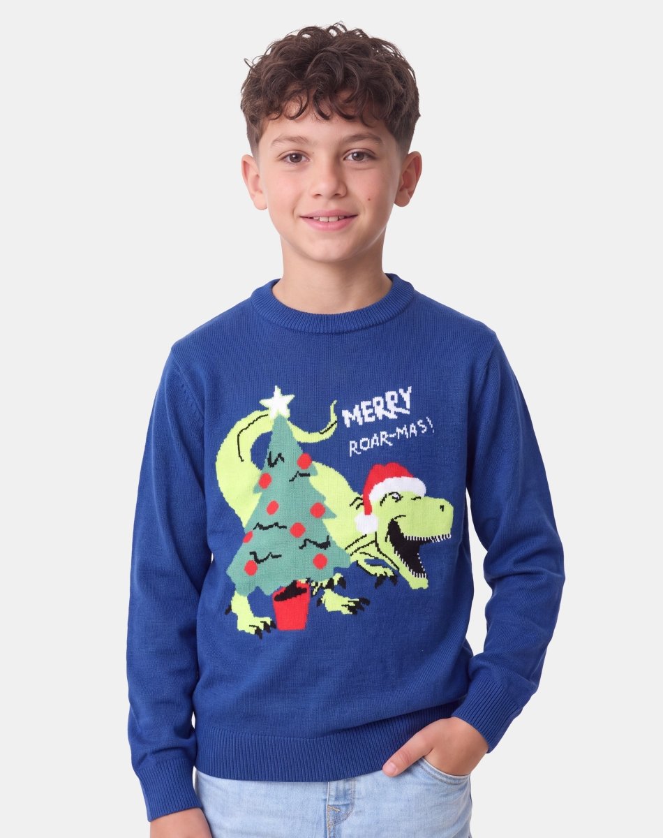 Kids Dinosaur Hat Knitted Jumper | Navy Festive Christmas Knitwear – NOROZE