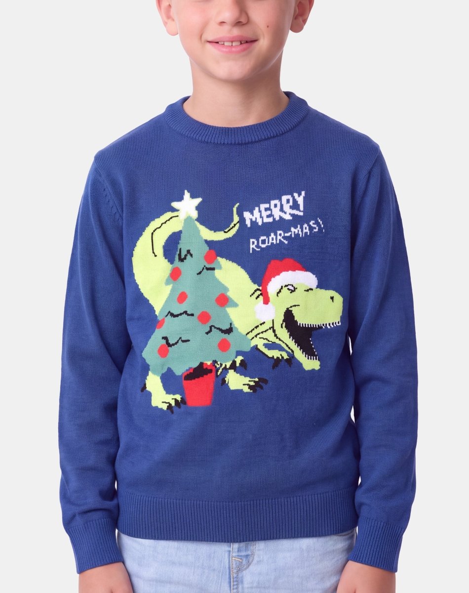 Kids Dinosaur Hat Knitted Jumper | Navy Festive Christmas Knitwear – NOROZE
