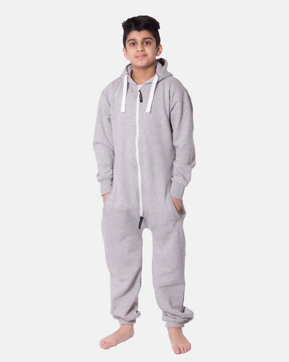 Kids Grey Cozy Fleece Hooded Onesie – Unisex