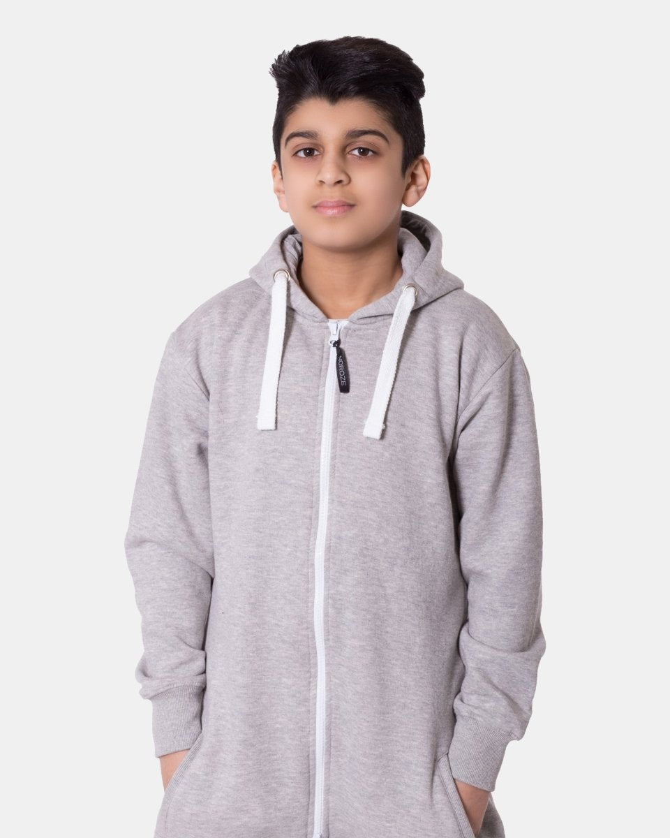 Kids Grey Cozy Fleece Hooded Onesie – Unisex