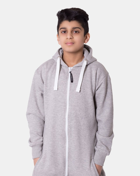 Kids Grey Cozy Fleece Hooded Onesie – Unisex