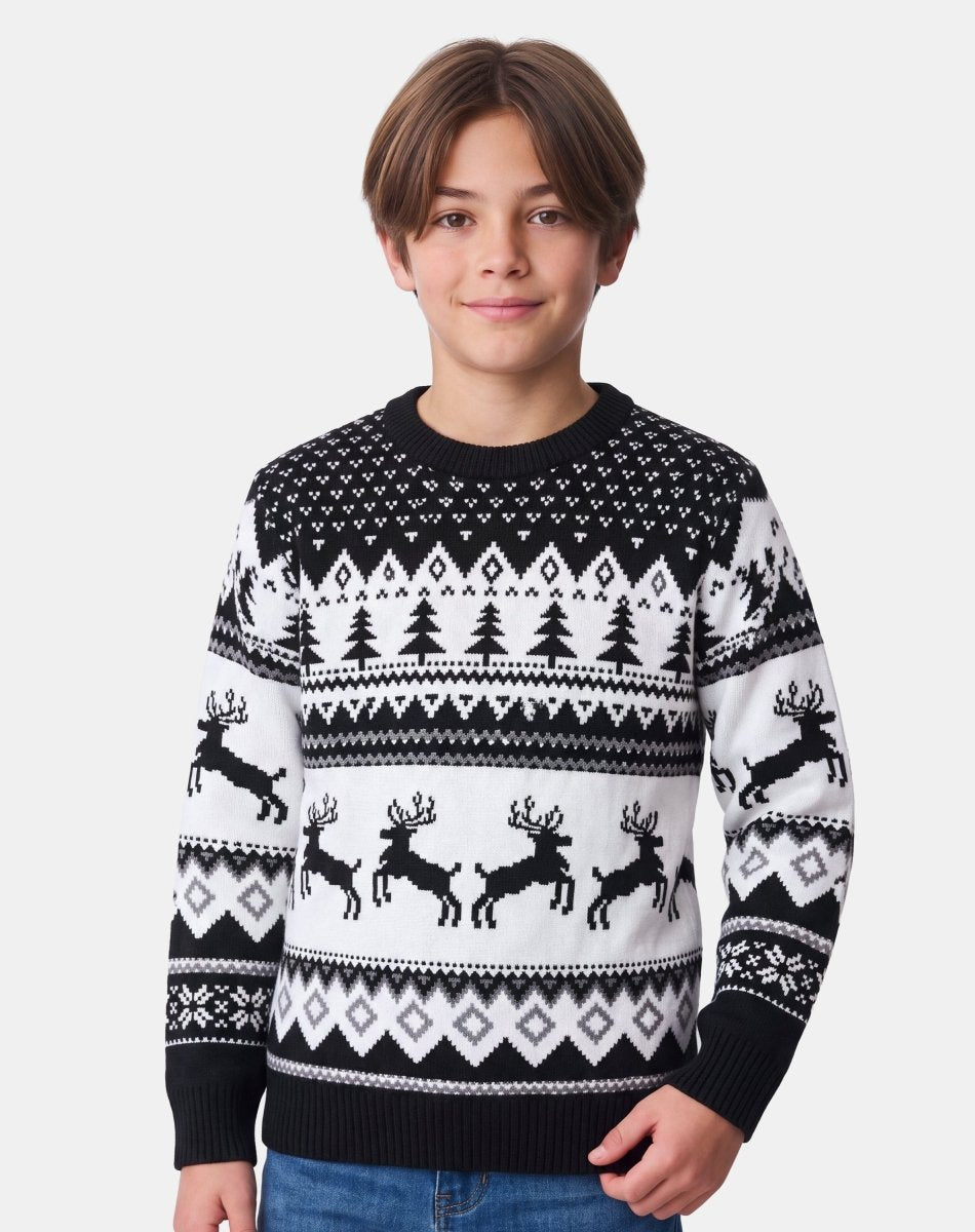 Kids Jumping Reindeer Knitted Jumper | Black Festive Christmas Knitwear – NOROZE
