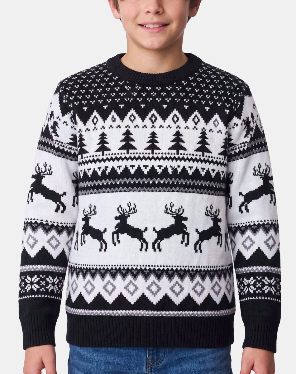 Kids Jumping Reindeer Knitted Jumper | Black Festive Christmas Knitwear – NOROZE