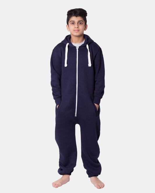 Kids Navy Cozy Fleece Hooded Onesie – Unisex
