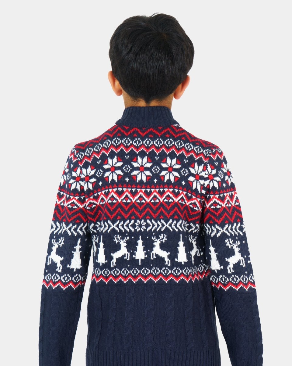 Kids Nordic Christmas Navy Reindeer Zip Knit Jumper