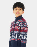 Kids Nordic Christmas Navy Reindeer Zip Knit Jumper