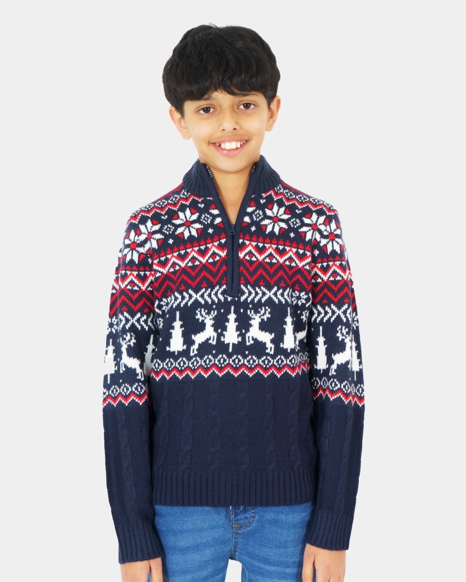 Kids Nordic Christmas Navy Reindeer Zip Knit Jumper