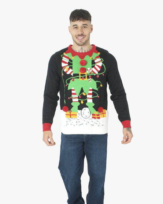 Men Elf Light Plug Black Christmas Jumper