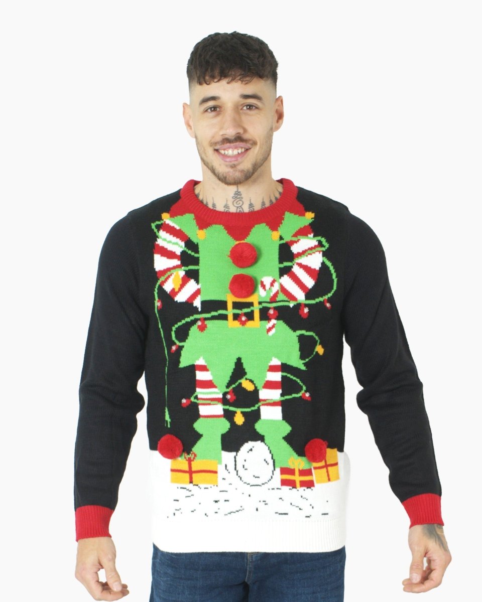 Men Elf Light Plug Black Christmas Jumper