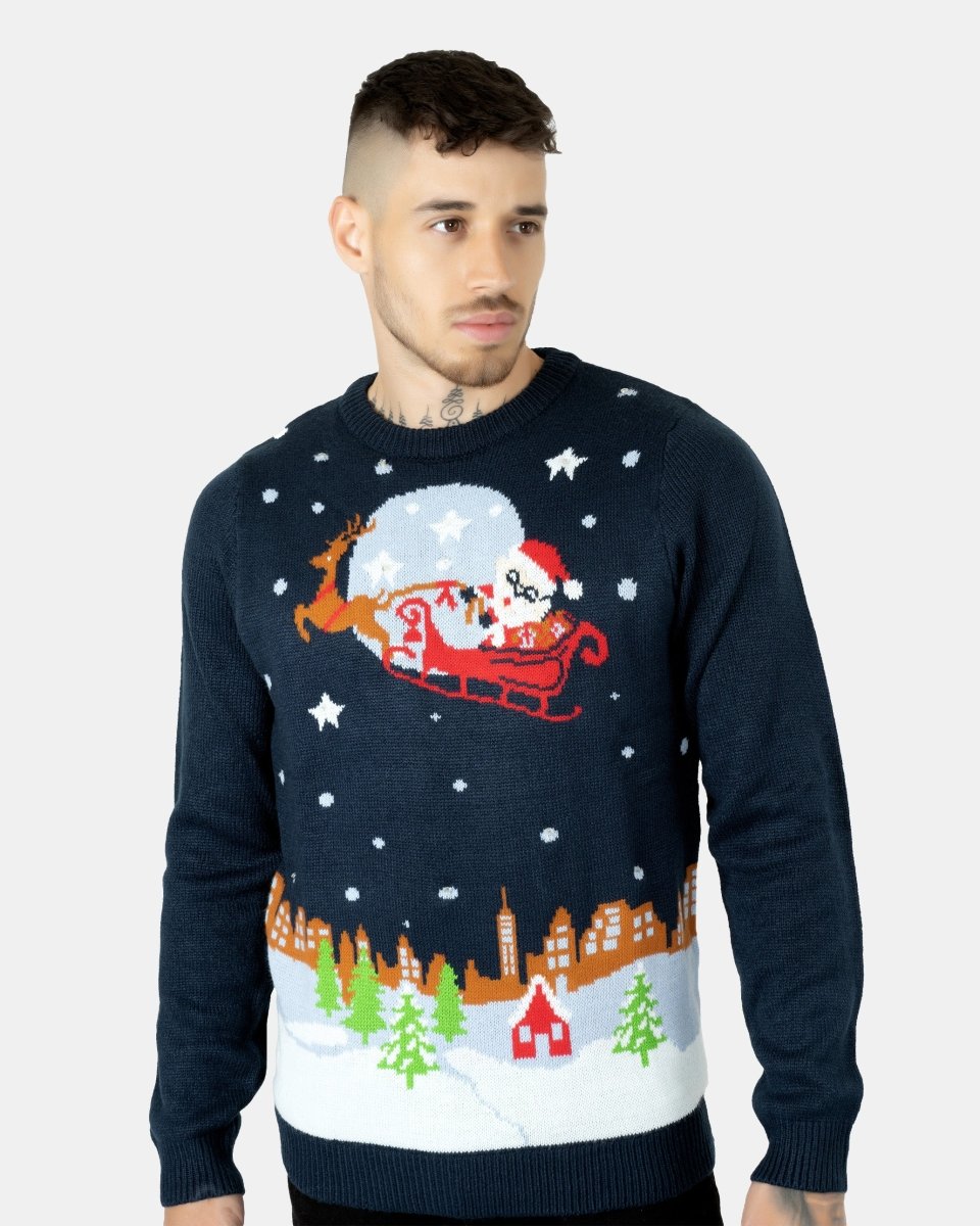 Men Flying Santa Sleigh Navy Christmas Jumper