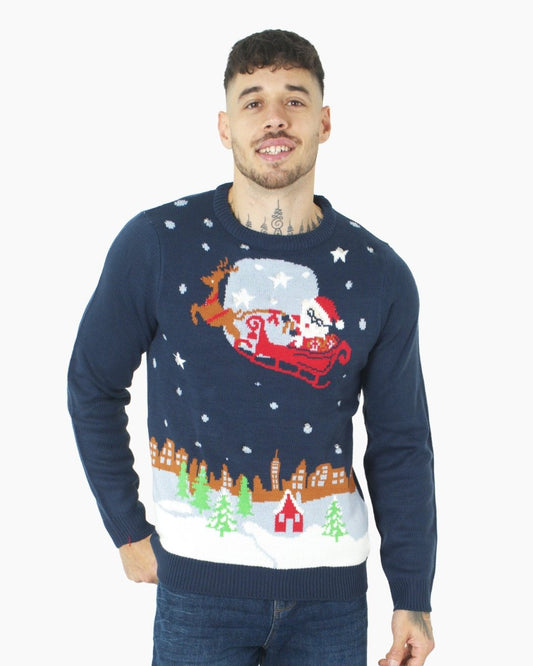 Men Flying Santa Sleigh Navy Christmas Jumper