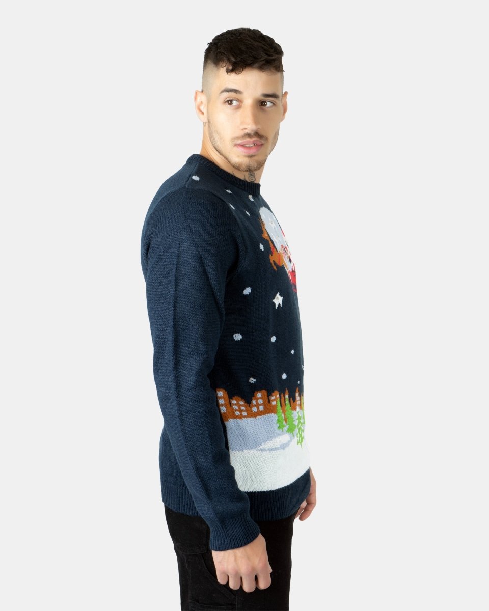Men Flying Santa Sleigh Navy Christmas Jumper