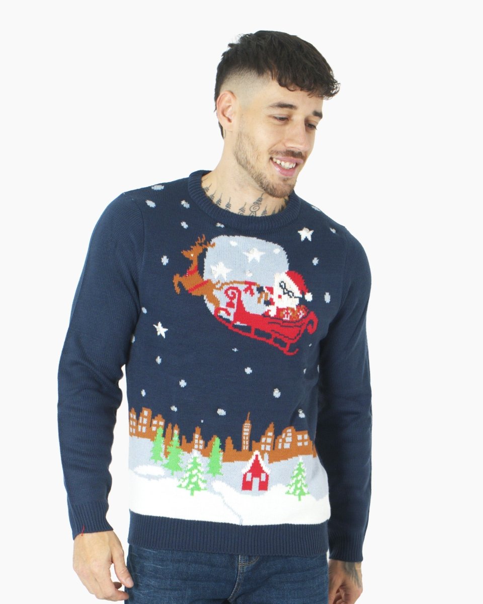 Men Flying Santa Sleigh Navy Christmas Jumper