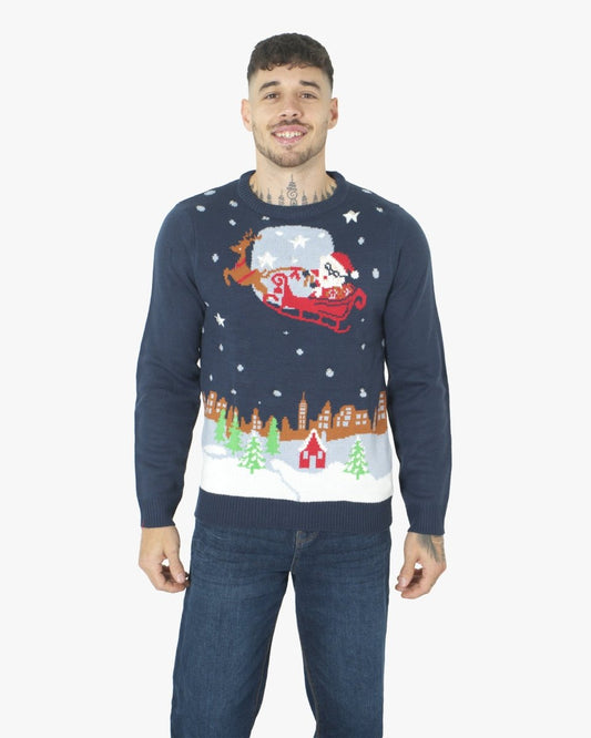 Men Flying Santa Sleigh Navy Christmas Jumper