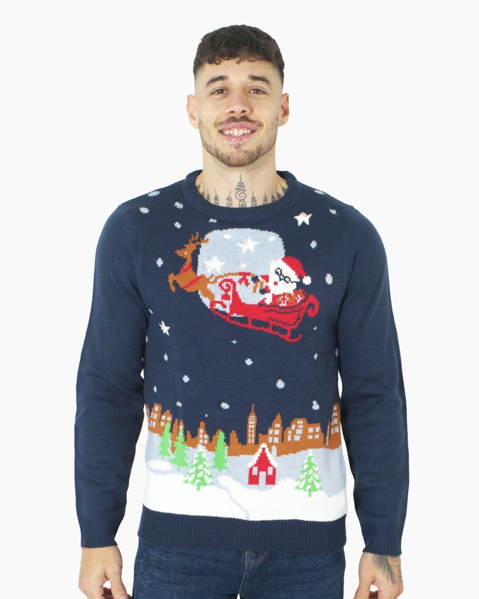 Men Flying Santa Sleigh Navy Christmas Jumper