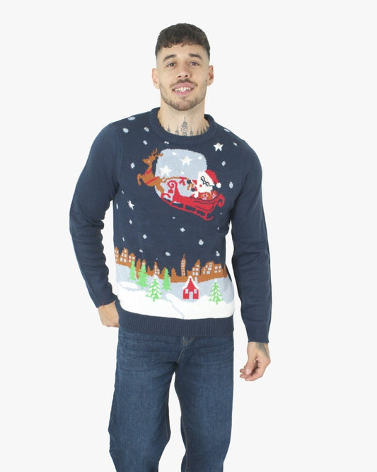 Men Flying Santa Sleigh Navy Christmas Jumper