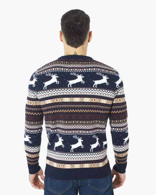 Men’s Christmas Festive Knit Fly Reindeer Navy Jumper