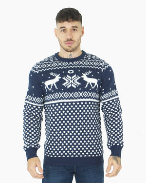 Mens Christmas Festive Knit Reindeer Navy Jumper