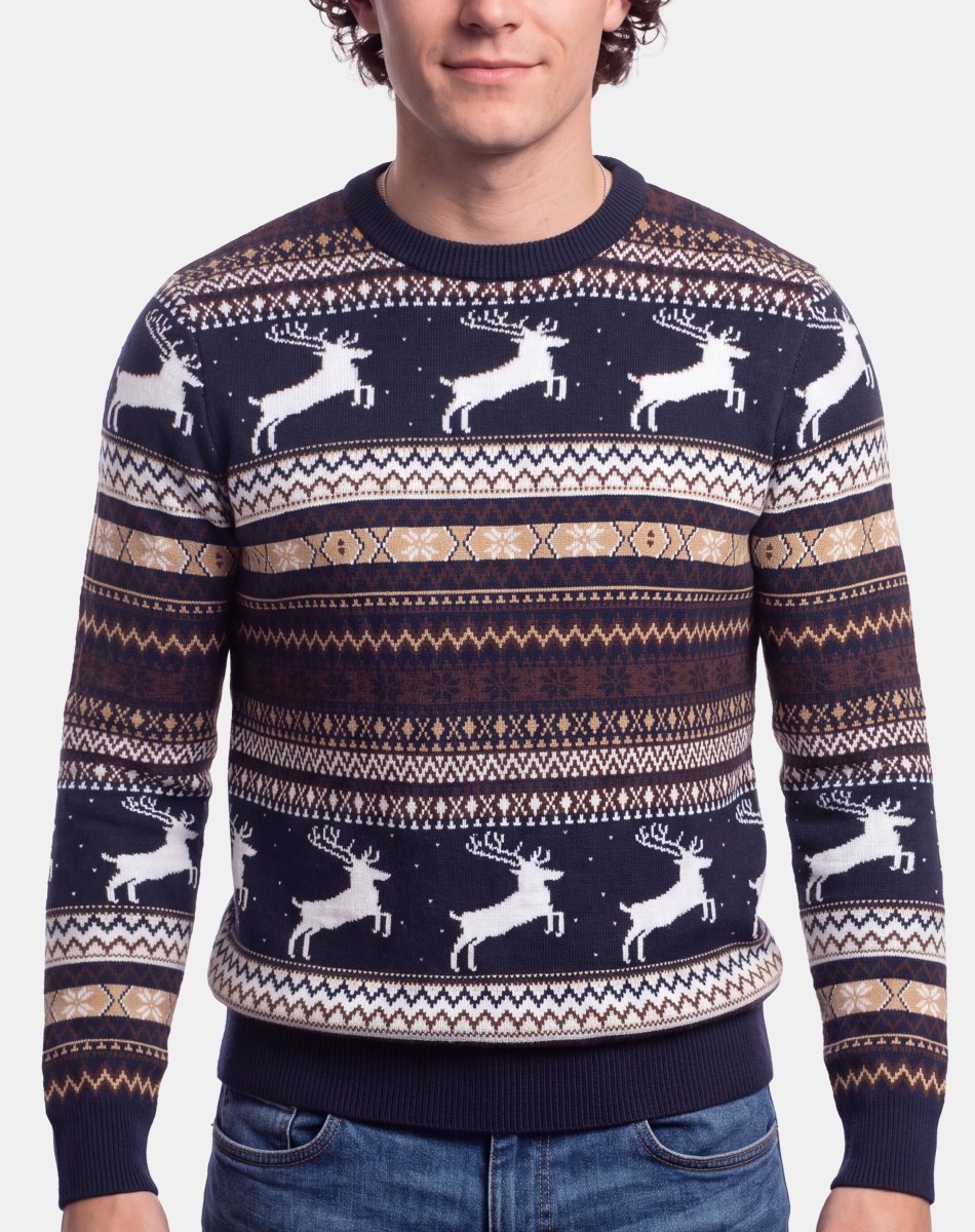 Mens Flying Reindeer Knitted Jumper | Navy Festive Christmas Knitwear – NOROZE