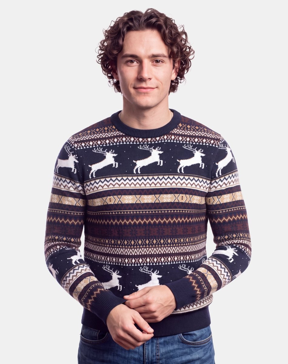 Mens Flying Reindeer Knitted Jumper | Navy Festive Christmas Knitwear – NOROZE