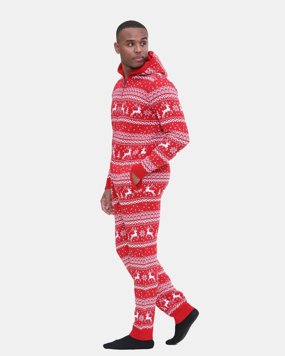 Mens Jacquard Red Aztec Knitted Onesie
