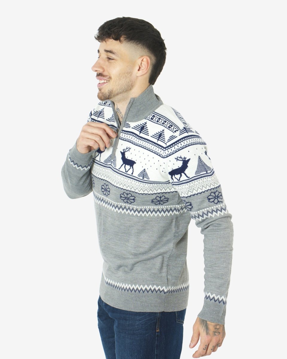 Mens Mock Zip Cream Christmas Jumper