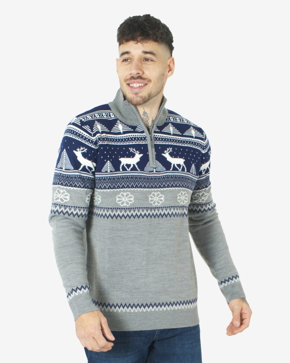 Mens Mock Zip Navy Christmas Jumper
