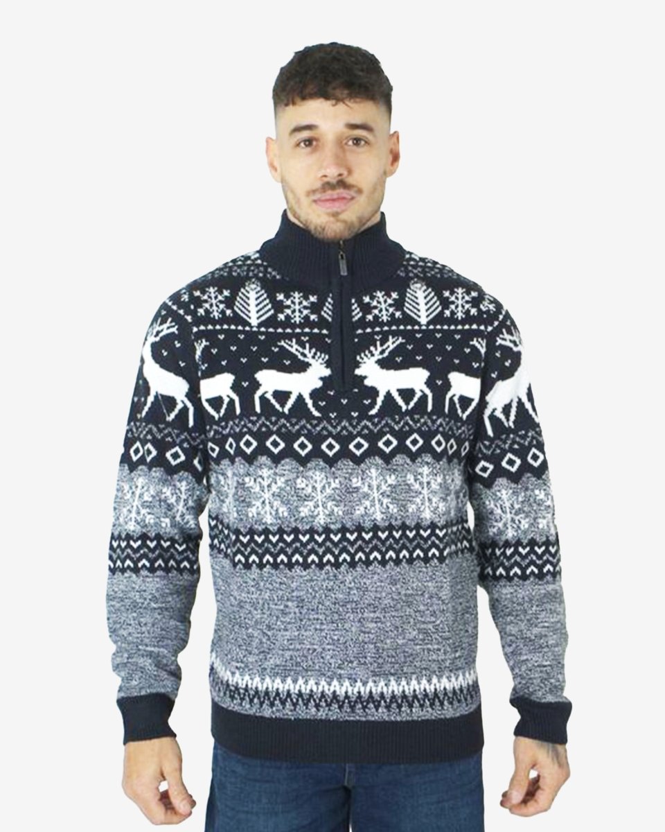Mens Reindeer MockZip Black Xmas Jumper