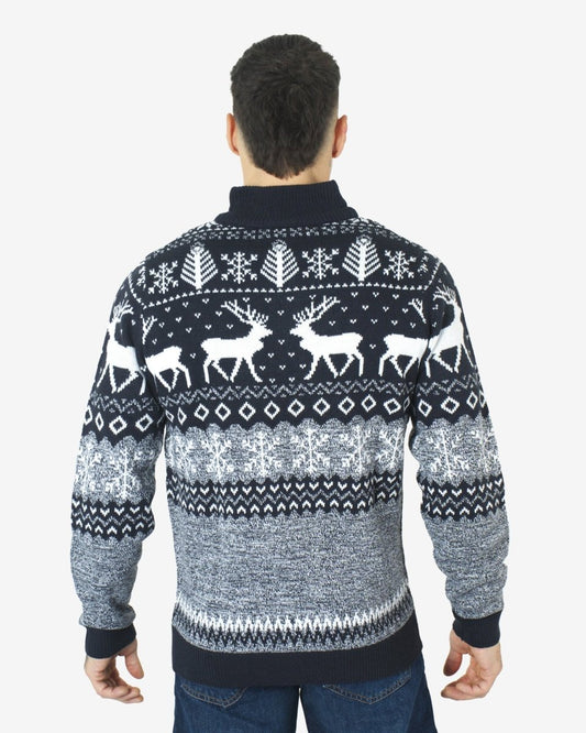 Mens Reindeer MockZip Black Xmas Jumper