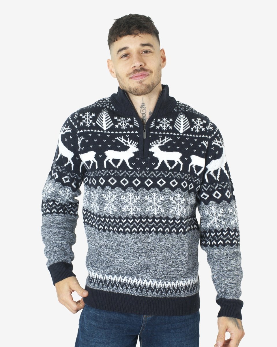 Mens Reindeer MockZip Black Xmas Jumper