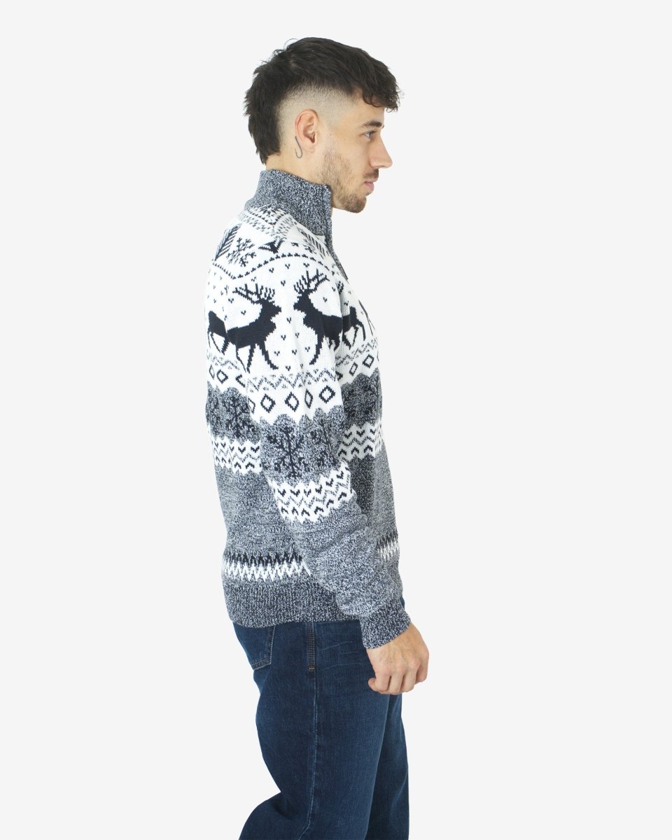 Mens Reindeer MockZip Cream Xmas Jumper