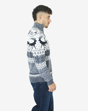 Mens Reindeer MockZip Cream Xmas Jumper